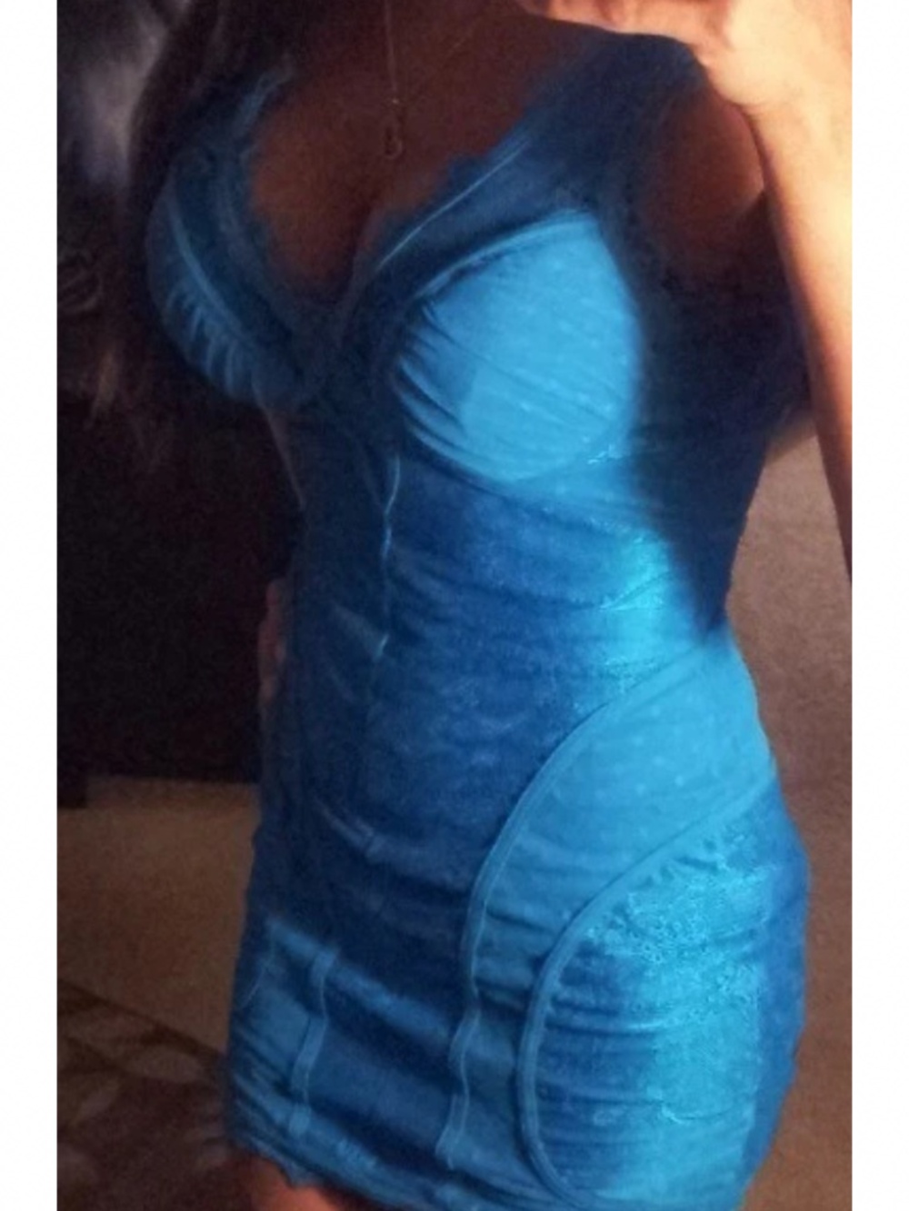bebe blue Dress S Small Lace Overlay deep V Neck Corset Bustier lingerie straps - Picture 5 of 5